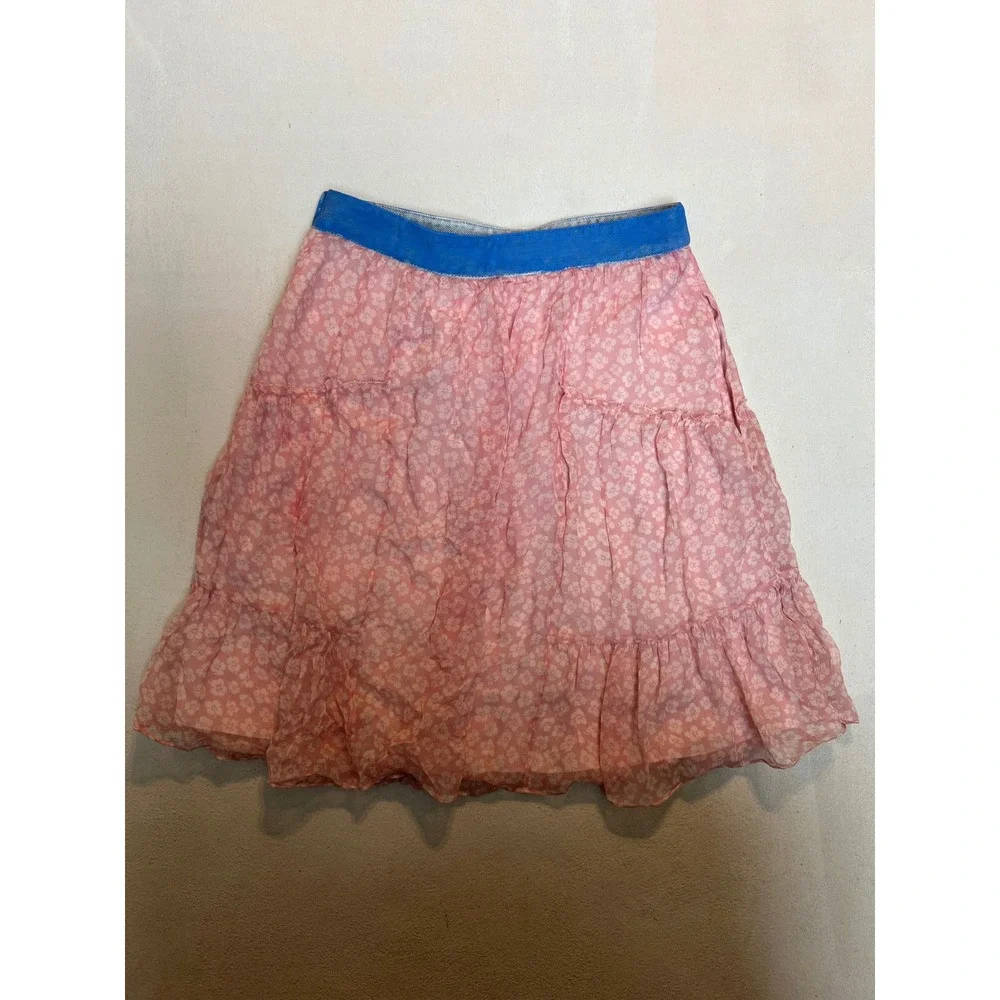 Coach Pink Floral Tiered Mini Skirt Blue Denim Waistband Pockets Size 0